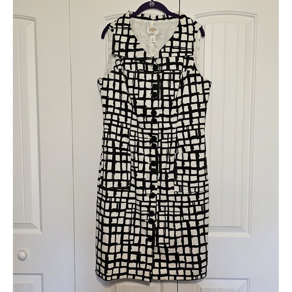 Talbots Dresses & Skirts - Talbots Sheath Dress Womens 16 Black White Grid Button Front Sleeveless Stretch